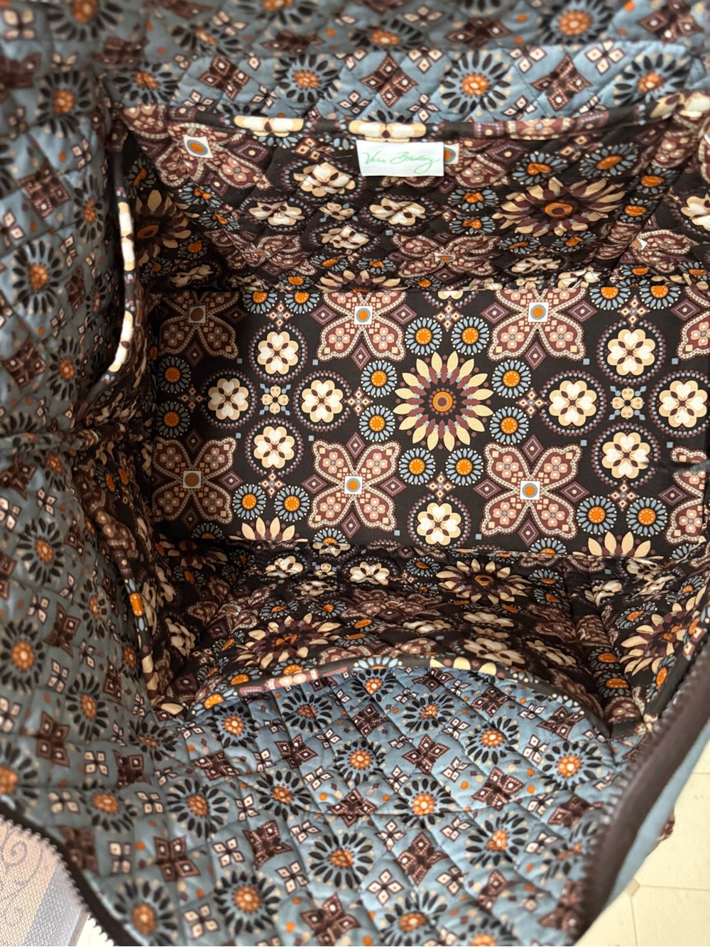 Vera Bradley Brown Floral Quilted Tote with Orange and Blue Accents - Picture 3 of 8